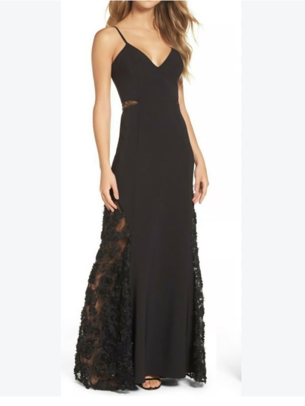 Betsy Adam floral lace applique evening gown
